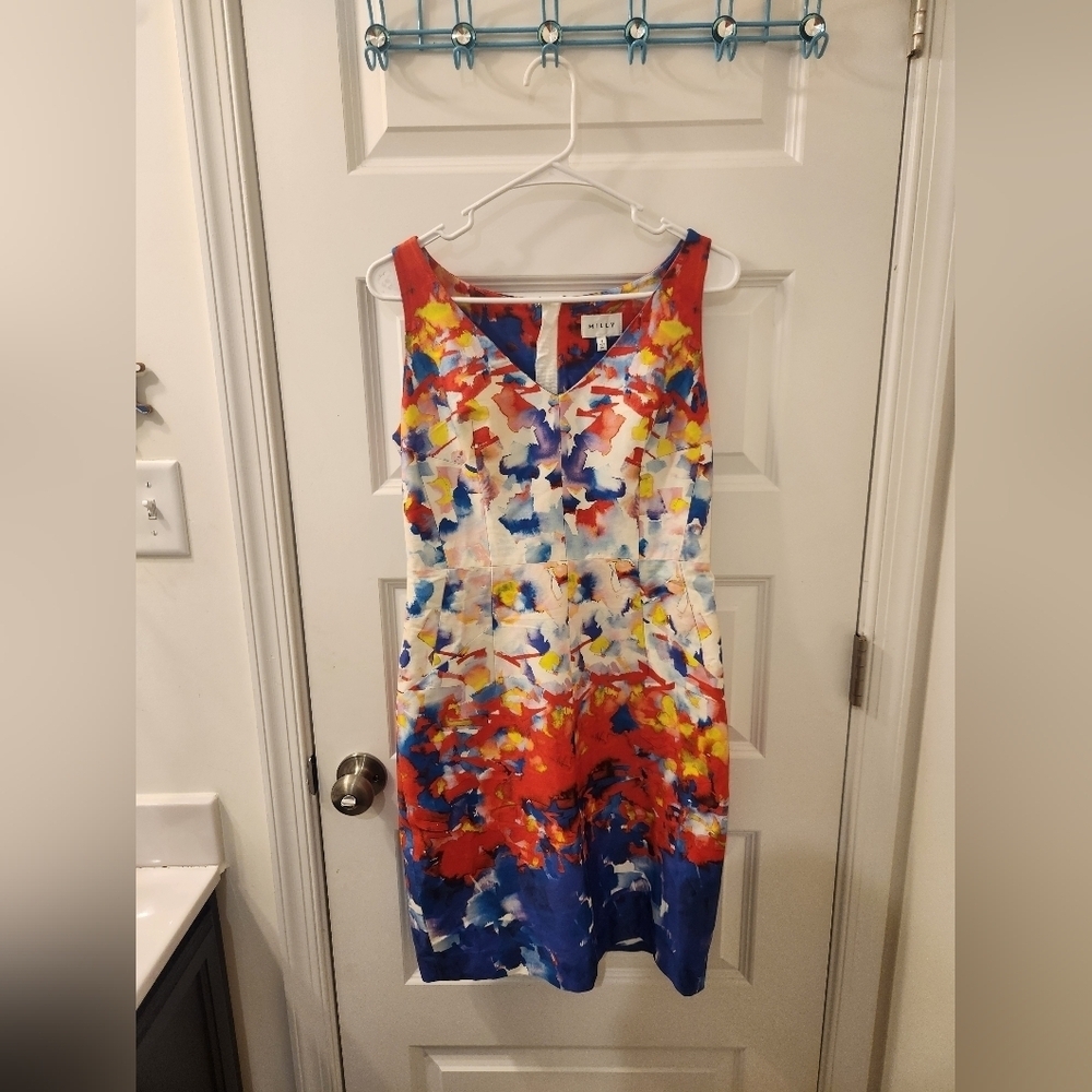 Milly Dress Multicolor Fitted Sheath Dress Women's Size 8 Midi V Neck #N633